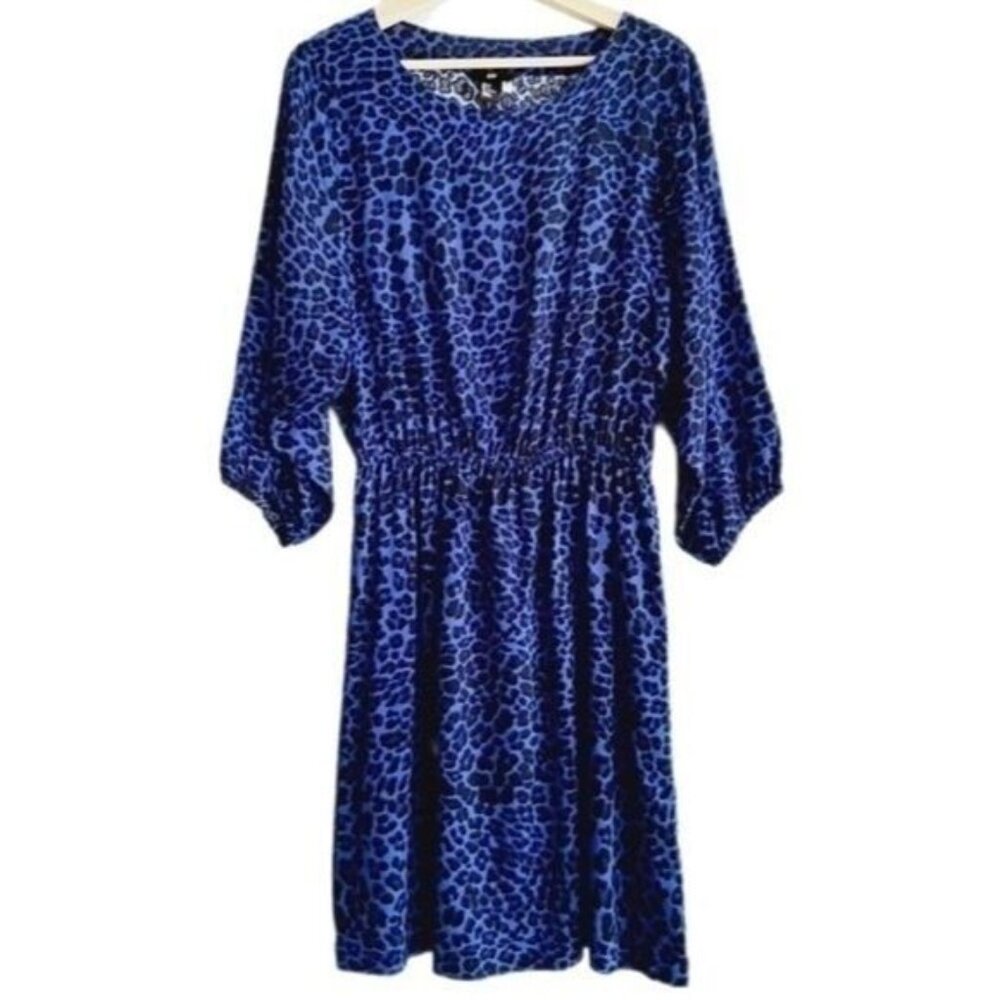 H&M Leopard Print Flowy Long 3/4 Sleeve Dress Blue & Black Animal Pattern Sz 6